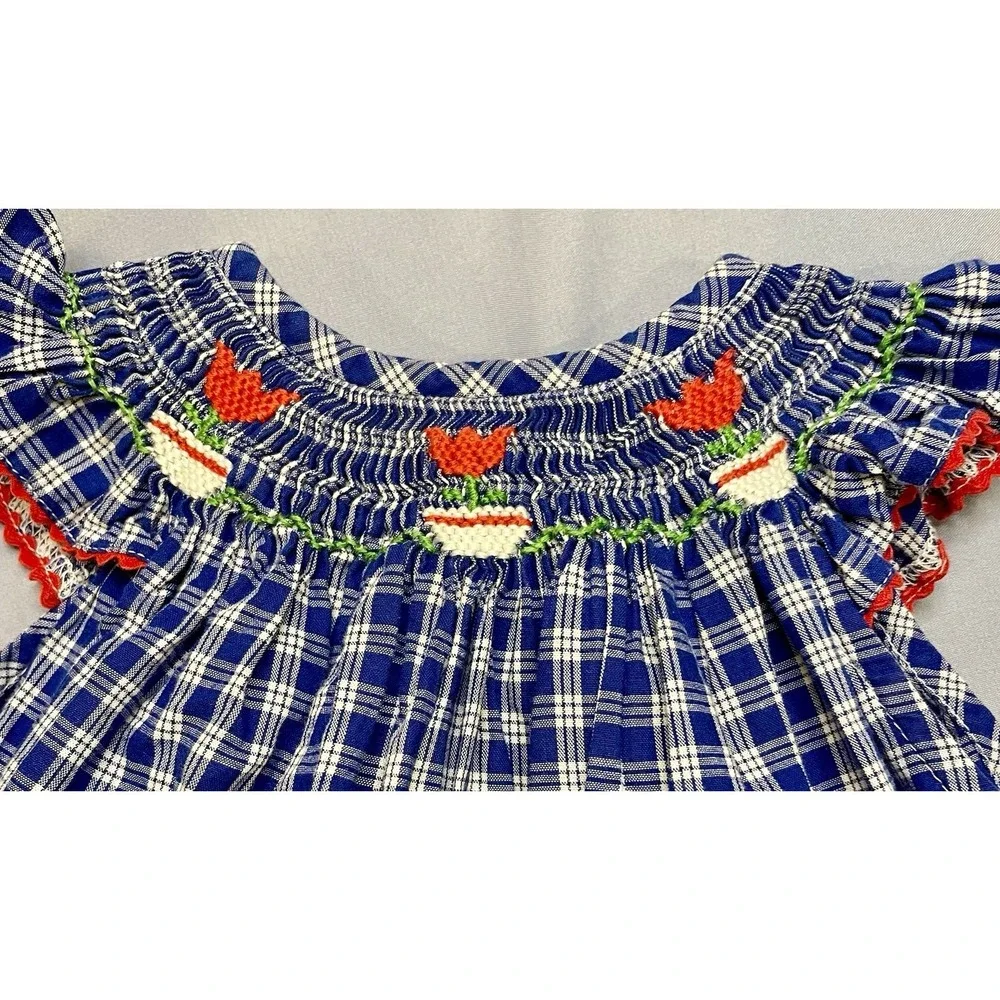 Silly Goose Baby Girls Hand Smocked Dress Bishop 9 Months 9M Blue Red Gingham
